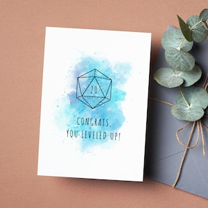 Tarjeta de cumpleaños imprimible de Dungeons and Dragons, plantilla de Canva de tarjeta de felicitaciones por subir de nivel, tarjeta de felicitaciones nerd D&D D20 TTRPG