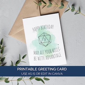 Cartão de aniversário de Dungeons & Dragons, que todos os seus rolos sejam com vantagem, modelo de cartão de feliz aniversário Canva, cartões de aniversário para marido nerd