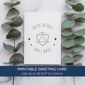 Modello di biglietto di San Valentino di Dungeons and Dragons Canva, biglietto di San Valentino di DnD Youre The Only One I Want, biglietto di anniversario nerd stampabile