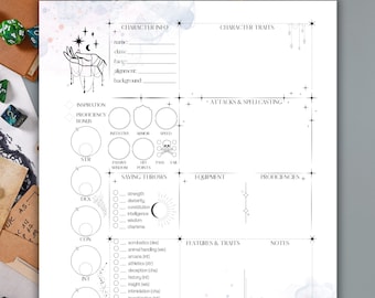 May include: A printable character sheet for Dungeons and Dragons roleplaying games. The sheet is designed with a celestial theme and features a hand holding a crescent moon and stars. The sheet includes sections for character information, attacks and spellcasting, equipment, proficiencies, features and traits, and notes.