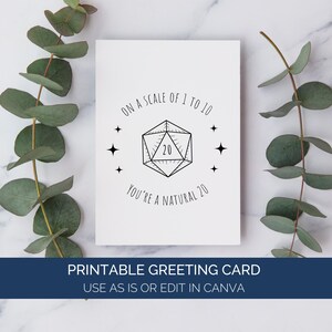 Modello di biglietto di San Valentino di Dungeons and Dragons Canva, su una scala da 1 a 10, sei un biglietto di San Valentino naturale 20, biglietto di anniversario DND D20