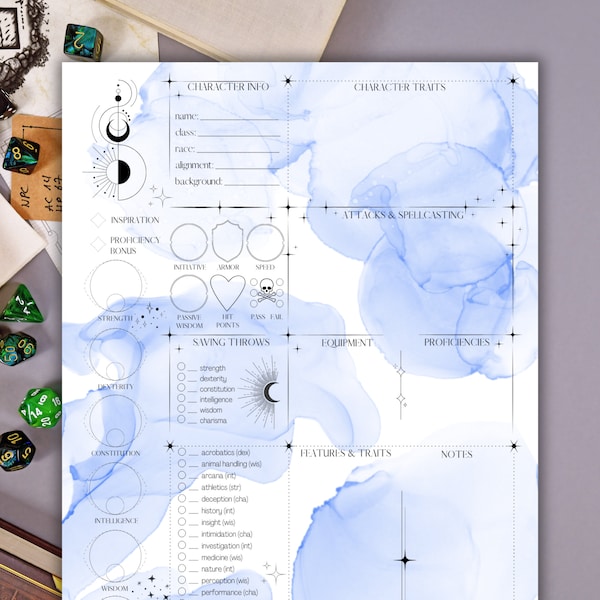 DnD Character Sheet: Celestial, Fillable D&D Circle of Moon, Circle of Stars Druid Dungeons and Dragons Stat Sheet, Digital Download PDF