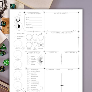 May include: A printable character sheet for a tabletop role-playing game. The sheet is divided into sections for character information, traits, attacks and spellcasting, equipment, proficiencies, features and traits, and notes. The sheet is decorated with a moon and stars.