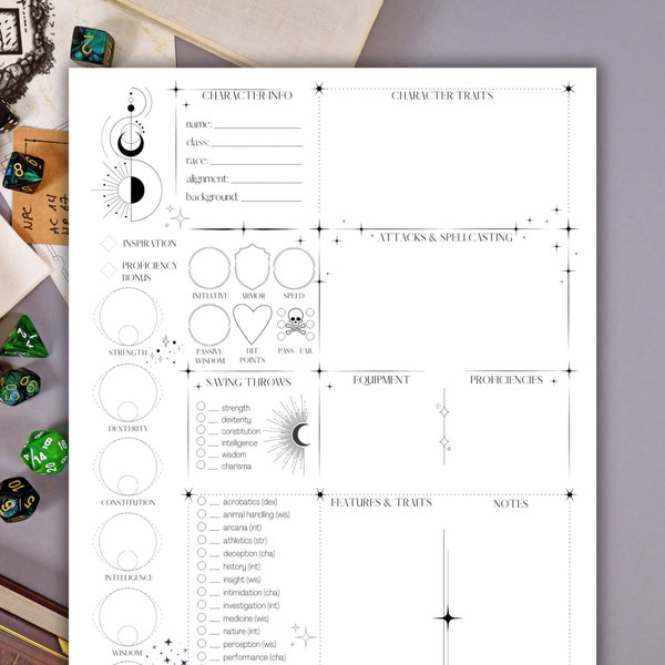 DnD Character Sheet: Celestial, Fillable D&D Circle of Moon, Circle of Stars Druid Dungeons and Dragons Stat Sheet, Digital Download PDF