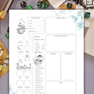May include: A printable Dungeons & Dragons character sheet with a mushroom theme. The sheet includes sections for character info, traits, attacks & spellcasting, equipment, proficiencies, and notes.