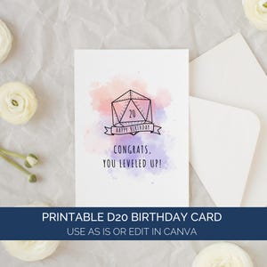 Dungeons and Dragons-verjaardagskaartcanvasjabloon, Happy Birthday-kaart voor jou genivelleerd, afdrukbare verjaardagskaarten voor echtgenoot Nerdy D&D TTRPG