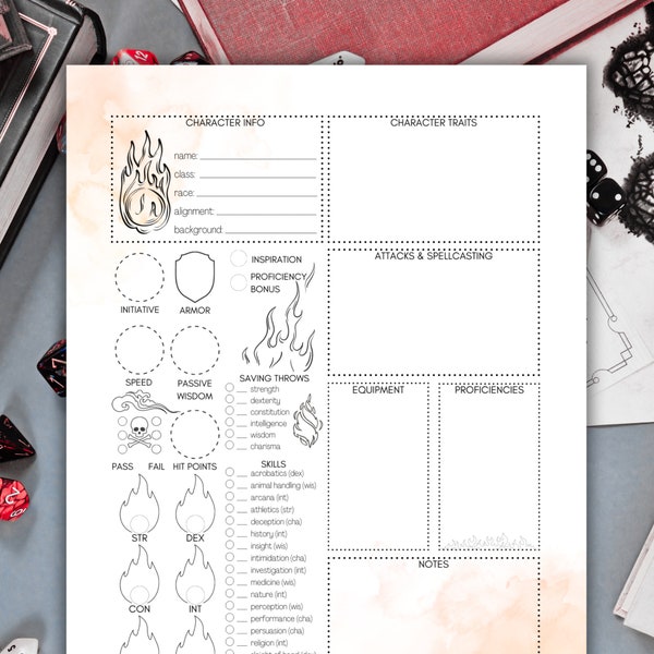 DnD 5e Character Sheets: Fire Magic, Printable Dungeons & Dragons Character Sheet Set, DnD Session Notes, Spell Stat Sheets, DnD Journal PDF