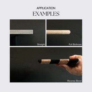 May include: Three examples of different edge profiles for countertops. The first is a straight edge, the second is a full bullnose edge, and the third is a reverse bevel edge.