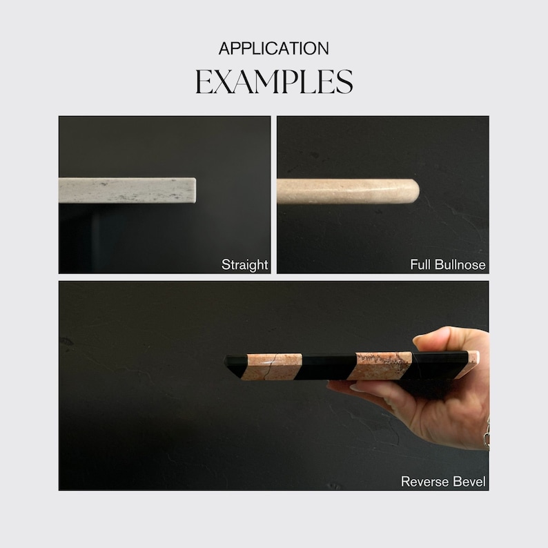 May include: Three examples of different edge profiles for countertops. The first is a straight edge, the second is a full bullnose edge, and the third is a reverse bevel edge.