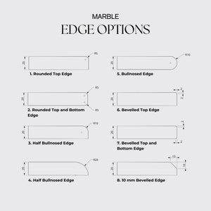 May include: Diagram showing eight different edge options for marble countertops. The options include rounded, bullnosed, beveled, and half bullnosed edges. Each option is labeled with a number and a description.