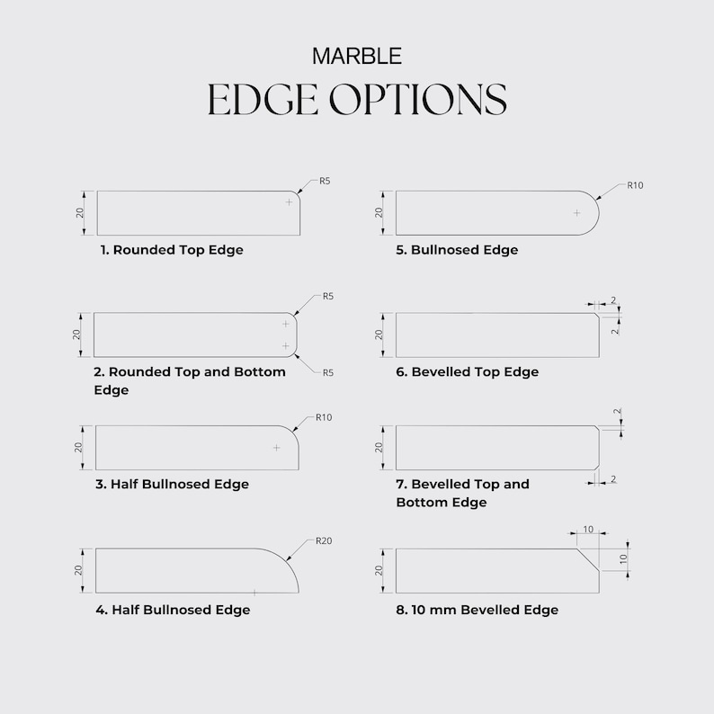 May include: Diagram showing eight different edge options for marble countertops. The options include rounded, bullnosed, beveled, and half bullnosed edges. Each option is labeled with a number and a description.
