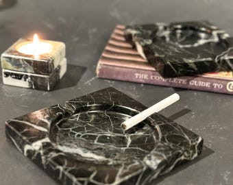 Square Black & White Marble Ashtray: Customizable Marble Cigar Tray