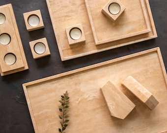 Travertine Tealight Candle Holder or Bookend: Natural Stone Home Decor