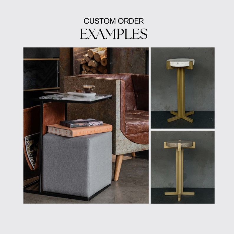 May include: Two examples of custom order side tables. The first table is a black metal frame with a white marble top and a gray fabric cube ottoman. The second table is a gold metal frame with a white marble top. Both tables have a simple, modern design.