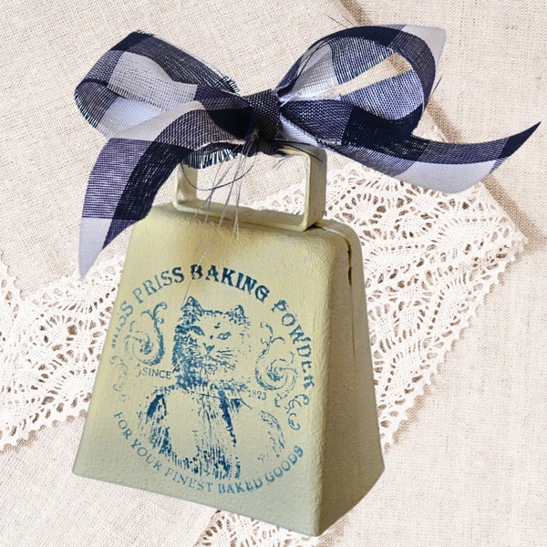 Cowbell chippy white farmhouse style Vintage Label noisemaker French Country blue and white dinnerbell Bell with vintage baking label
