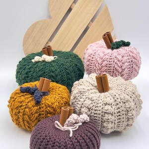 Puede incluir: Cinco calabazas de crochet en varios colores, incluyendo verde, rosa, beige, amarillo mostaza y morado. Cada calabaza tiene un tallo de canela y algunas tienen pequeñas hojas de crochet.