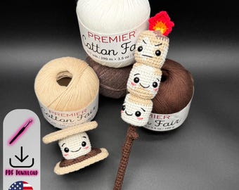 Padrão de crochê amigurumi de S'mores e marshmallows assados em PDF, conjunto de guloseimas para fogueira