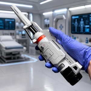 May include: A handheld medical device featuring a white and grey cylindrical body with a prominent orange ring, a metallic nozzle, and a black base. The device has intricate panelling, a small red triangle symbol, and a silver button on the side.