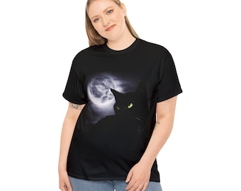 May include: Black t-shirt with a graphic of a black cat with green eyes looking at a full moon.