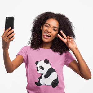 Cute Panda Women&#39;s Tee - Softstyle Shoulder-Reveal Top, 100% Ringspun Cotton, Feminine Fit, Reinforced Collar, Trendy T-Shirt