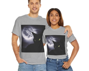 May include: Two people wearing grey t-shirts with a black cat and moon graphic print. The cat has green eyes and is silhouetted against a full moon.