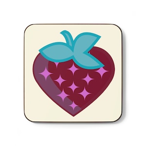 May include: A red heart-shaped strawberry with a blue leafy top and pink star-shaped accents. The strawberry is on a cream-colored background.