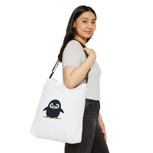 White Chibi Penguin Adjustable Tote Bag (AOP), Casual Handbag, Durable Shopping Bag