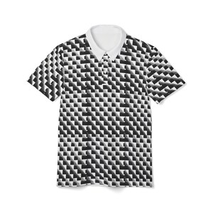 May include: A white short-sleeved polo shirt with a black and white geometric pattern.