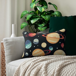 Planets Spun Black Polyester Lumbar Pillow