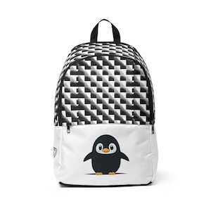 May include: Black and white checkered backpack with a white pocket featuring a cartoon penguin.