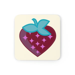May include: A red heart-shaped strawberry with a blue leafy top and pink star-shaped accents.