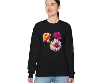 Sudadera unisex de cuello redondo con estampado floral de mezcla pesada / Cómoda y duradera / Gildan / Fabricación ética