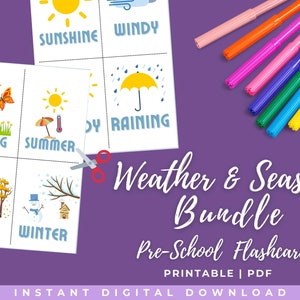 Printable Weather and Seasons Bundle Flash Cards for Toddler, Preschool, Early Learning Classroom, Homeschooling, Animals, Educational Cards