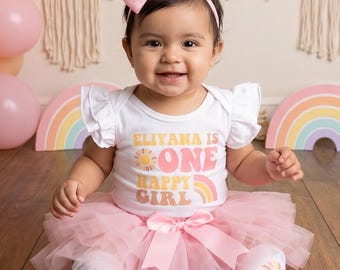One Happy Girl First Birthday Outfit - sunshine and rainbows, first birthday dress girl, one year old, personalized name, boho modern
