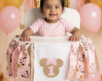 Minnie Mouse banner eerste verjaardag kinderstoel in roze en goud - 1e verjaardag banner, roze en goud minnie verjaardag, 1e verjaardag banner meisje