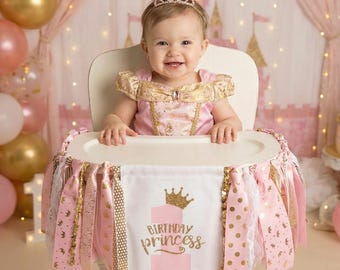Princess High Chair Banner for First Birthday - pink and gold 1st birthday girl, princess 1st birthday, birthday decor, princess pennant