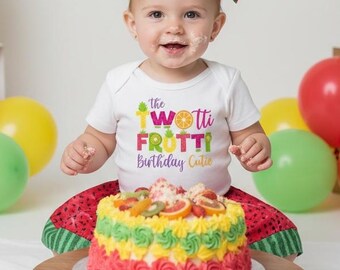 TWO-tti Frutti Birthday Outfit with Watermelon Print Skirt -  2nd birthday outfit girl, fruit theme, twotti fruitti, multi colored, tropical