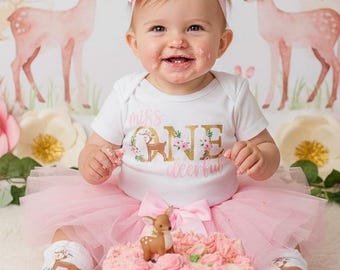 Miss ONEdeerful First Birthday Dress with Tutu - cute floral woodland deer, first birthday outfit girl, one year old baby birthday tutu