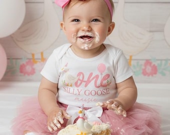 One Silly Goose första födelsedagsklänning med tutu - vintage blommig gås, första födelsedagsoutfit flicka, ettårig baby födelsedagstutu