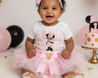 Soy este atuendo de primer cumpleaños de Minnie en rosa y dorado con tutú y zapatos a juego: vestido de primer cumpleaños, atuendo de primer cumpleaños para niña, Minnie Mouse