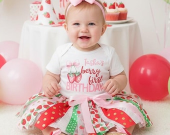 Conjunto de primer cumpleaños de fresa con tutú de tela, diadema y zapatos - dulce niña, conjunto de primer cumpleaños de fresa, niña de cumpleaños de fresa