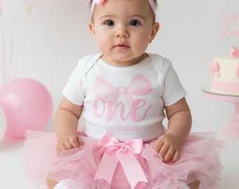 Vestido rosa con lazo y tutú para el primer cumpleaños - coqueto lazo rosa, conjunto para el primer cumpleaños de niña, tutú para bebé de un año, para niñas que quieren ser una