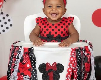 Minnie Mouse First Birthday High Chair Banner in red and black - 1st birthday banner, red and black minnie birthday, 1st bday banner girl