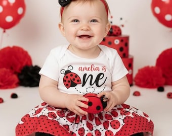 Ladybug First Birthday Outfit - girl 1st birthday outfit, red black, ladybug headband, ladybug 1st birthday, 1st bday outfit, personalized