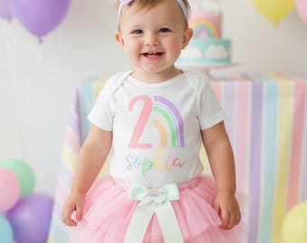 Pastel Rainbow Second Birthday Outfit for baby girl with Pink Tutu bloomers -  2nd birthday outfit girl, pink purple rainbow outfit for girl