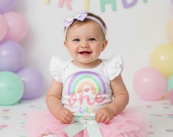 Pastel Rainbow First Birthday Outfit for baby girl with Pink Tutu bloomers -  1st birthday outfit girl, pink purple rainbow outfit for girl