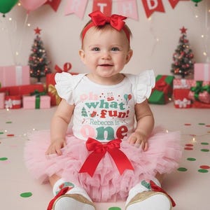 Oh What Fun it is to be ONE Verjaardagsoutfit met roze en rode tutu - kerstfeest meisje, 1e verjaardagsfeestje, cake smash, verjaardag december