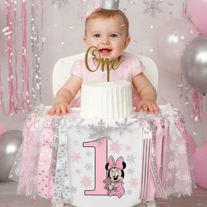 Minnie Mouse High Chair Banner for Winter ONEderland Birthday in pink and silver - snow much fun to be one, pink silver snowflake image 1