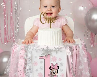 Minnie Mouse High Chair Banner for Winter ONEderland Birthday in pink and silver - snow much fun to be one, pink silver snowflake