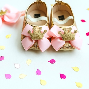 Princess First Birthday Shoes in light pink and gold - crown shoes, pink gold princess shoes, gold toddler shoes, princess birthday outfit